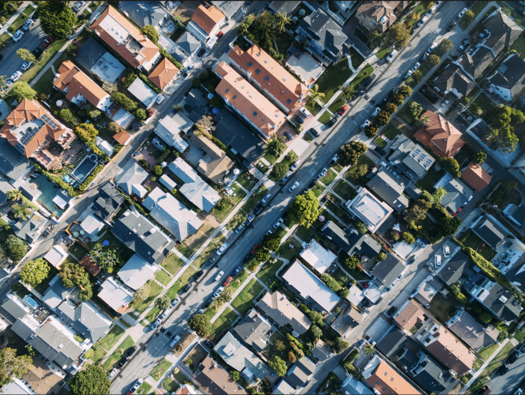 arial photo of rows of houses in a neighborhood